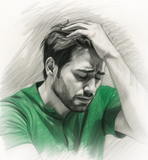 Sketch of a stressed looking man, representing CBD in relation to stress